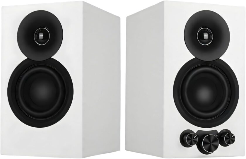 Bluetooth Bookshelf Speaker, 50W X 2 Active TV Speaker with 4” Woofer, Turntable Speaker with Optical// Input for /TV and ojector (White)