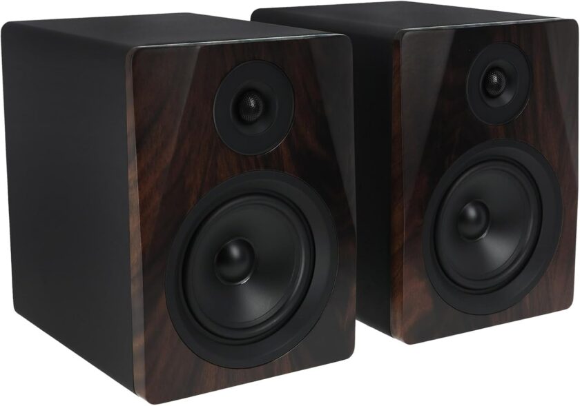 5.25" 2-Way 250W Active Studio Monitor Speakers  - Dark Wood, Class D lifier, / Inputs, Neodymium Silk Dome Tweeter, Bass/Treble Control, Computer-Optimized Crossover