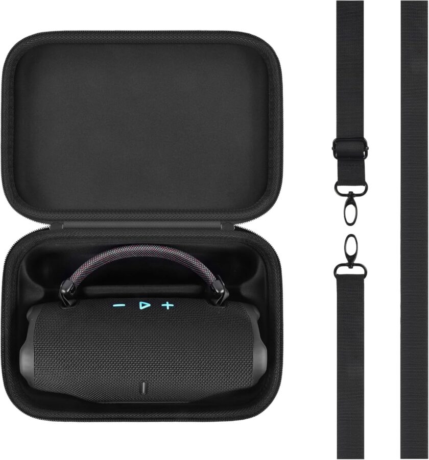 Speaker Case Compatible with  Waterproof Bluetooth Speakers. Carrying Storage Bag with Shoulder Strap for Charger, USB Cable & Accessories (Box Only) - Black