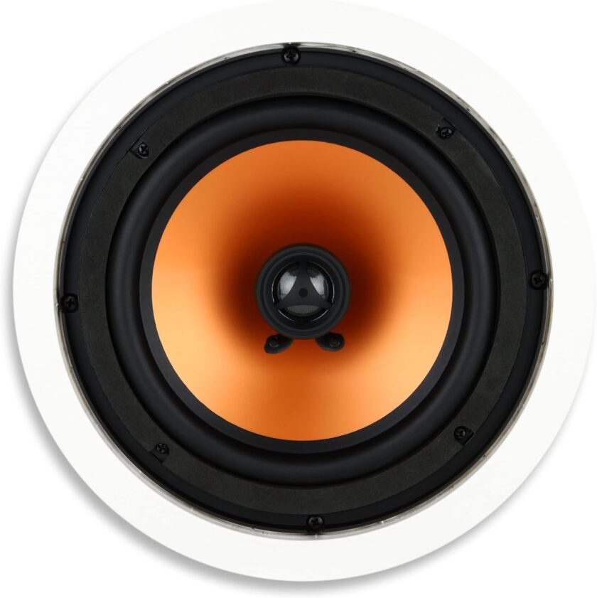 2-Way in-Ceiling Round Speaker, 9.4" Cutout Diameter, Whole House, Home Theater, Indoor or Covered Outdoor, 8" Woofer, 1" Tweeter, White, Pntable, Each