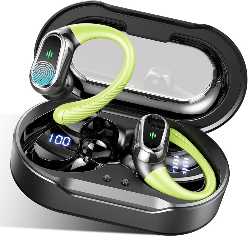 Wireless Ear, 2025 Bluetooth 5.4 Headphones Sport, Bluetooth Ear with  Noise Canceling Mic, 50H Stereo Wireless Headphones  Waterproof with Earhooks, Dual  Display for Workout/Running