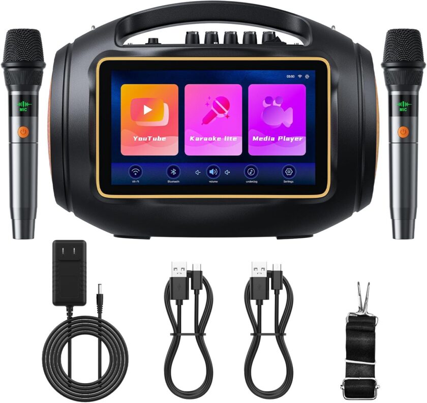 Smart Karaoke Machine with Lyrics Display, 10.1-Inch  Screen, Two Wireless Microphones, Portable PA System with 400W Peak Power, Suitable for Home, Outdoor Party